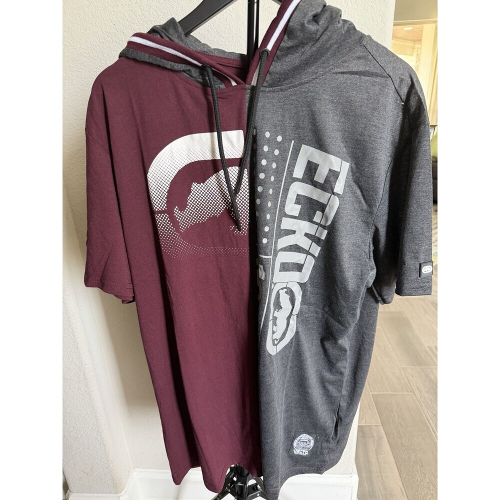 Ecko Unltd Shirt Mens XL Burgundy Charcoal Hooded Short Sleeve EO12K810 $58 MSRP